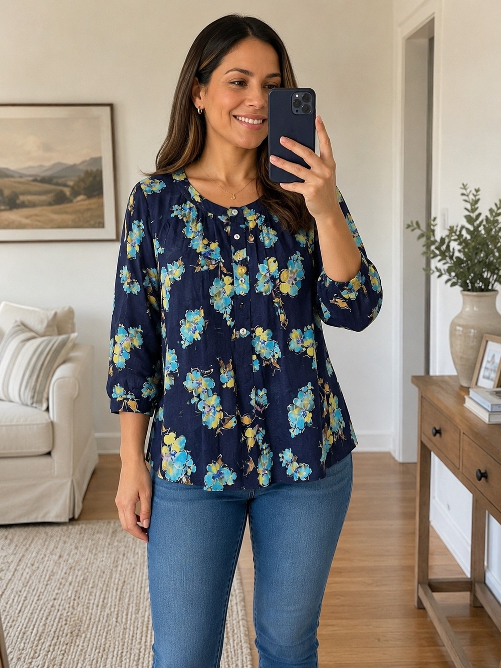 J.Jill 100% Cotton Navy Blue Floral Blouse Women's Large 3/4 Sleeve Button Front